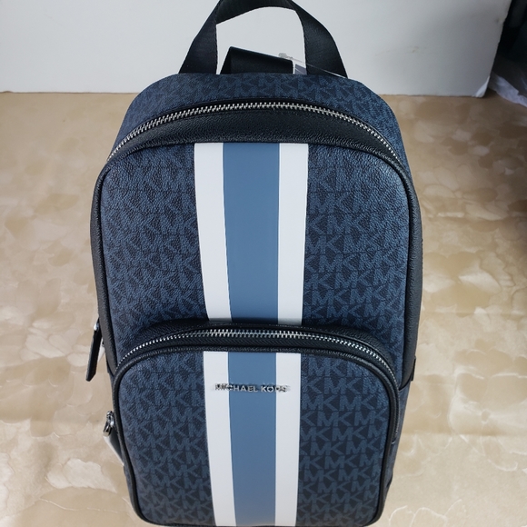 Michael Kors Mens Cooper Admiral Blue Colorblock Logo Stripe Commuter Sling Pack - Picture 2 of 8